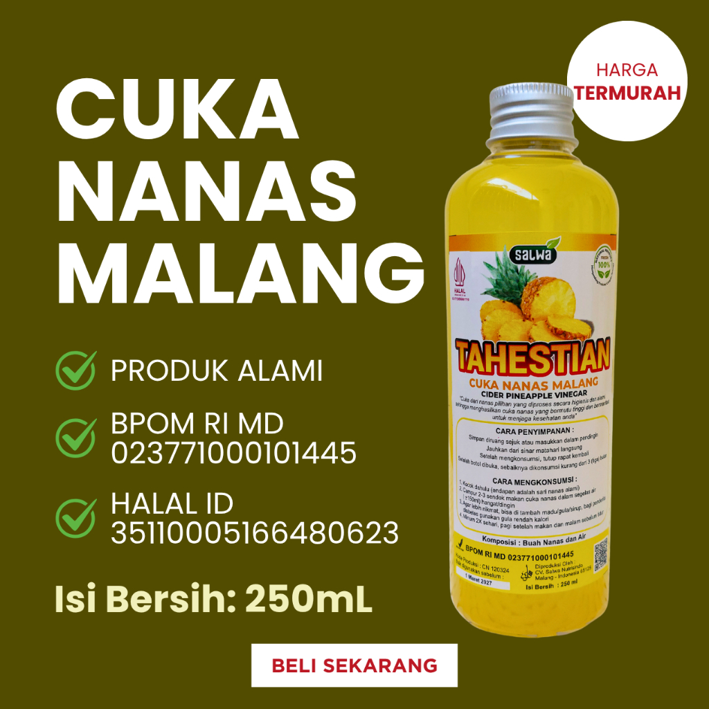 

Cuka Nanas Malang Tahestian 250ml with Mother Tanpa Proses Pemasakan Kemasan Aman Bubble Wrap Halal BPOM