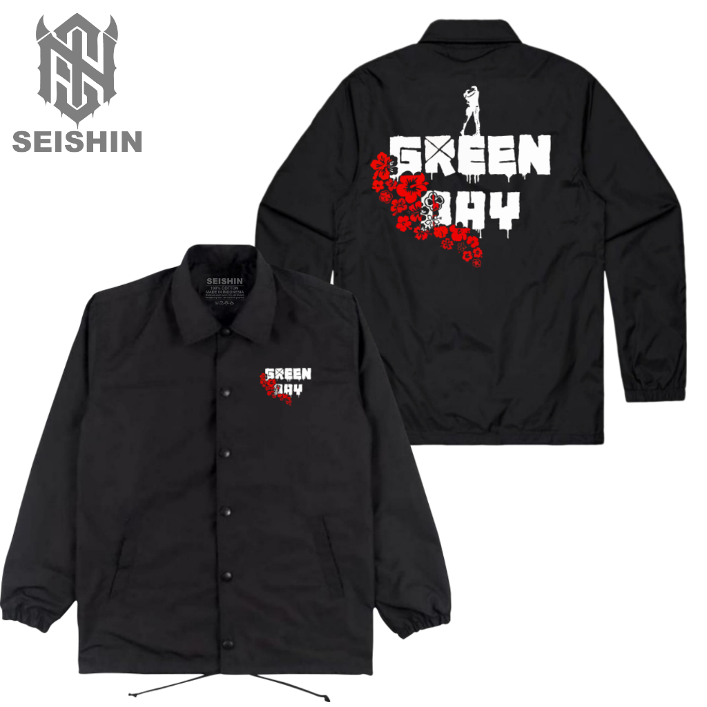 Seishin Jacket Coach Musik Green day  red flower black jacket Unisex