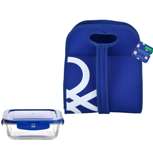 [100% ASLI] United Colors Of Benetton Lunch Set BLUE Tas + Glass Container Tas Bekal Makan Siang (se