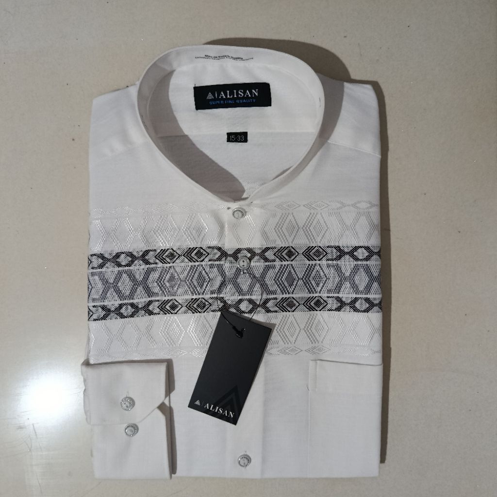 Alisan Koko Fashion Lengan Panjang Motif Belahketupat Putih Tulang