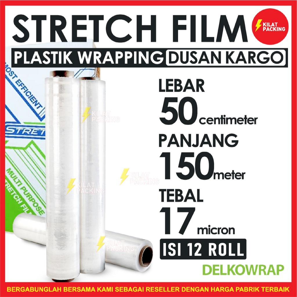 

PROMO 1 BOX PLASTIK WRAPPING 50CM X 150M STRETCH FILM PLASTIC WRAP DELKOWRAP 1 DUS ISI 12 ROLL KARGO