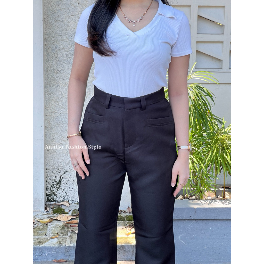 Kylie Cutbray Highwaist Pants - Cutbray Flare Pants Wanita - Celana Highwaist Flare Semi Cutbray Tan