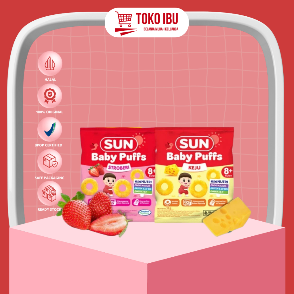 Sun Baby Puffs Sachet 10gr - Cemilan Anak Rasa Keju Dan Strawberry Snack Bayi Cemilan Biskuit sachet