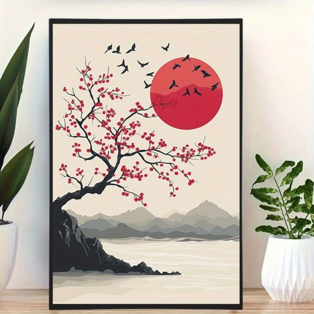 Lukisan Vintage Jepang - Lukisan Pemandangan Bulan - Lukisan Tangan Asli - Hiasan Dinding Ruang Tamu