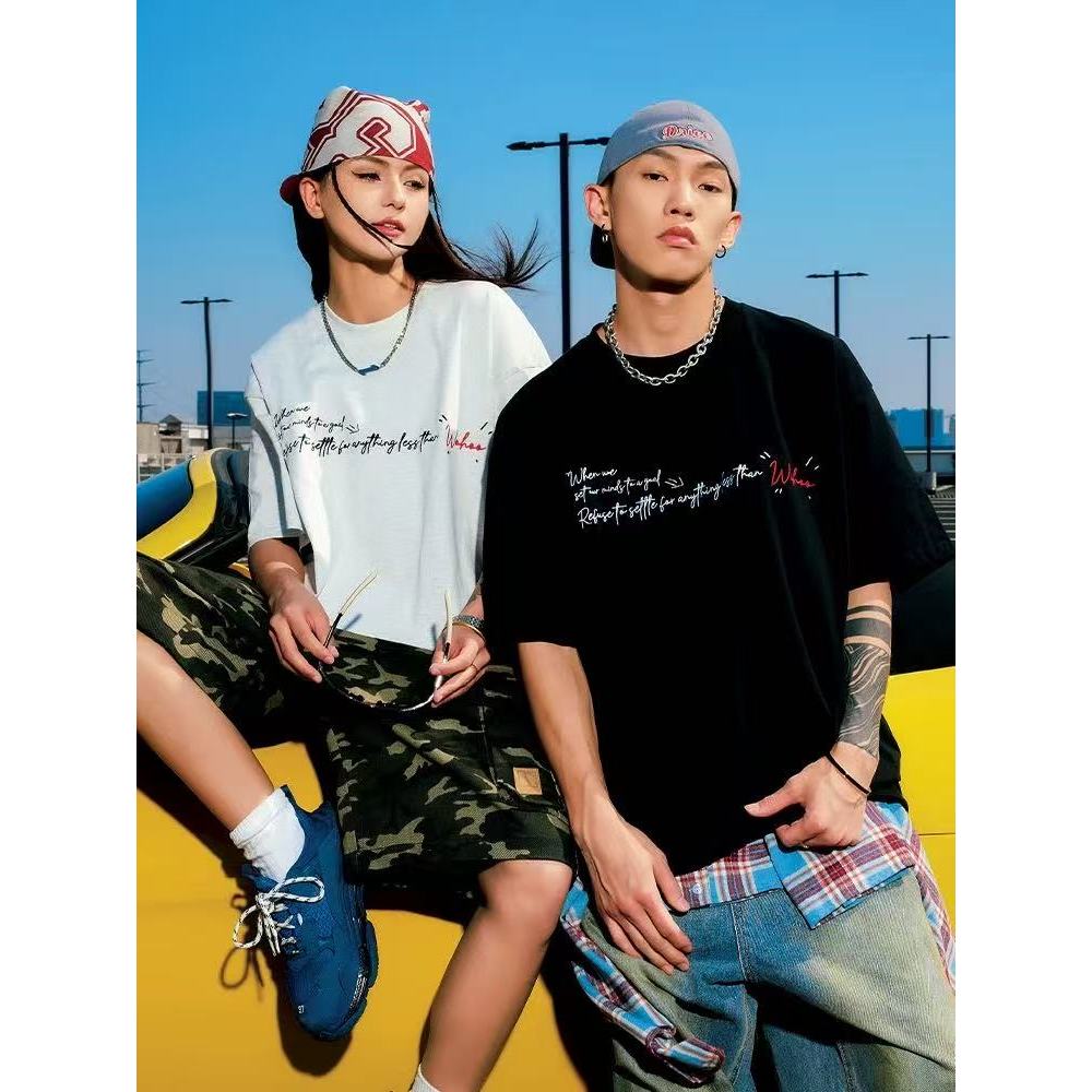 Merek fesyen Amerika, katun tebal, ukuran besar, bordir huruf, lengan pendek, pria, musim panas, ser