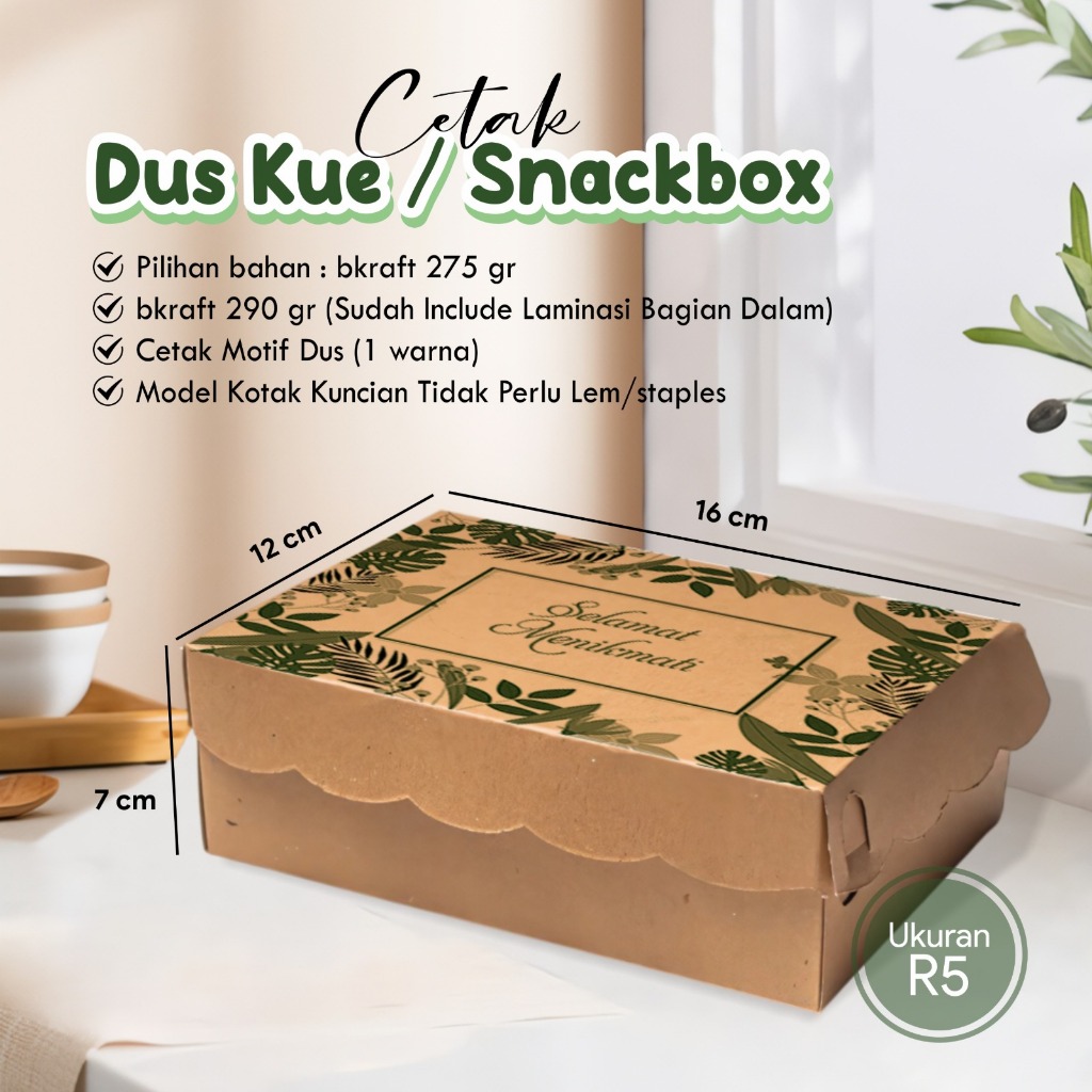 

CETAK DUS KUE SNACKBOX LAMINASI - LUNCH BOX MAKANAN KRAFT CUSTOM SATU WARNA UKURAN R5