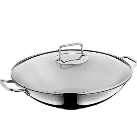 WMF Macao Induction Wok Set, 2 Pieces, Wok Pan 36 cm with Glass Lid, Polished Cromargan Stainless St