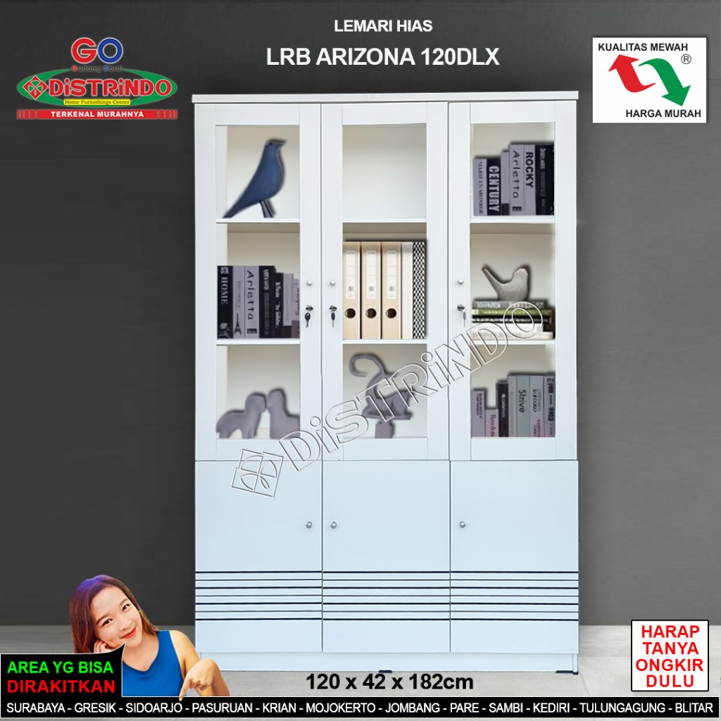 DISTRINDO Lemari Hias 3Pintu / Lemari Pajangan / Lemari Rak Buku Etalase Kaca