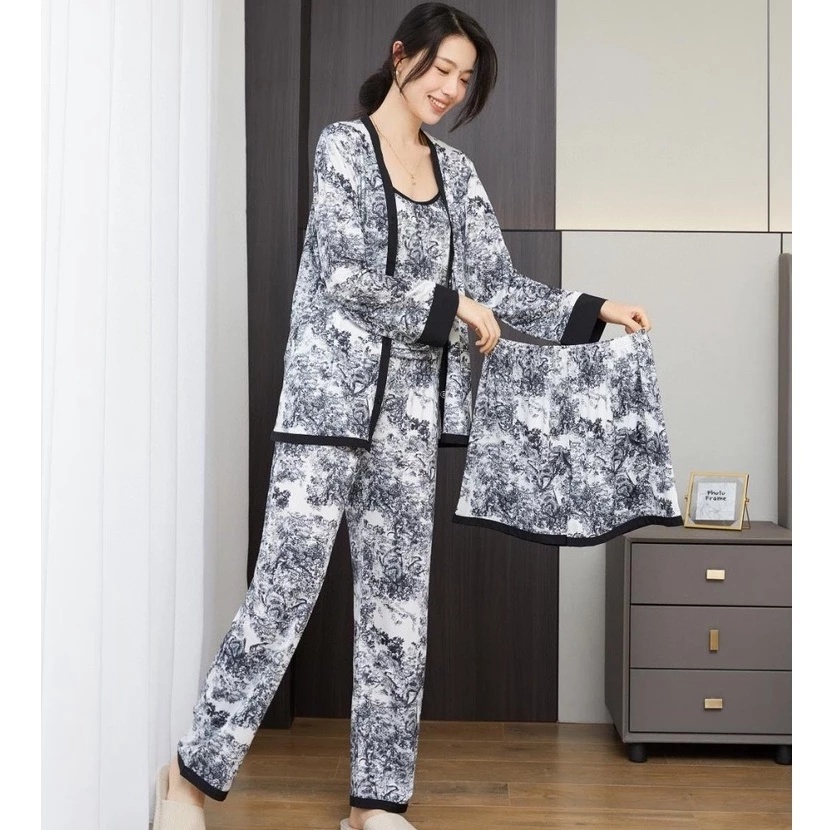 Setelan Baju Tidur Wanita 4 Potong Kain Lembut & Halus - Motif Batik & Awan Hitam Putih, Desain Eleg