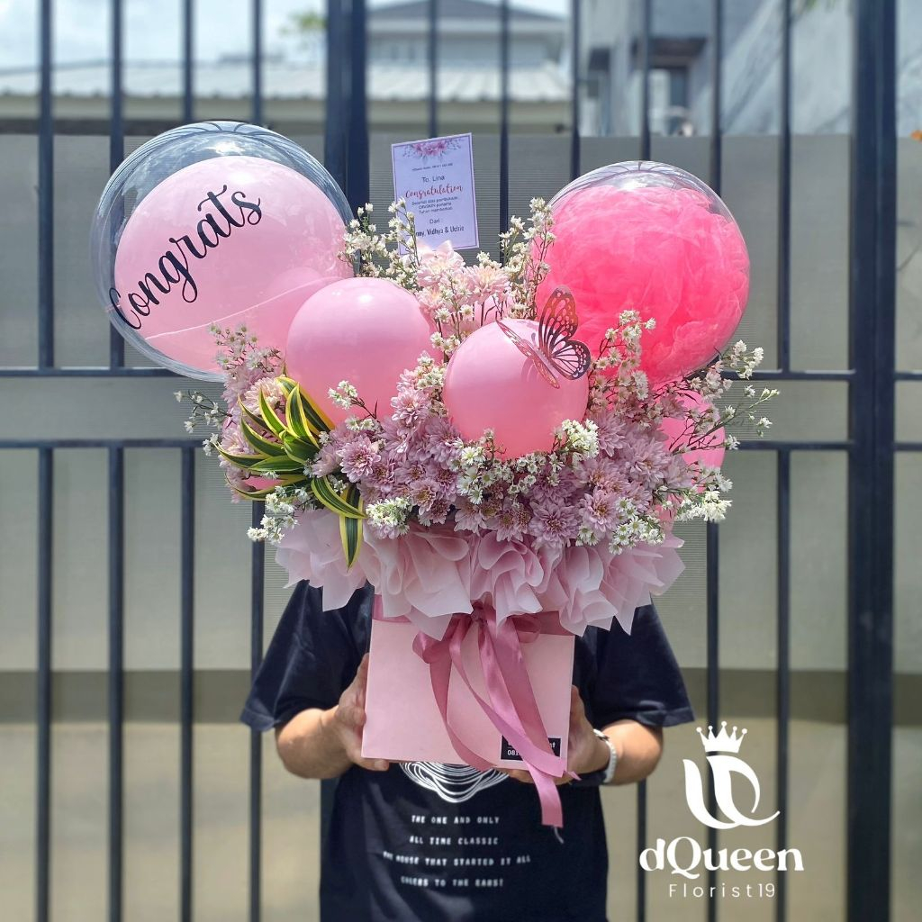 DQueen Florist Bunga Box Balon Fresh Gift Flower Box Custom Bunga Buket Bucket Bulat Kotak Hantaran
