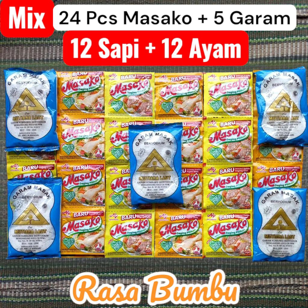 

Mix Masako 12+12 (24pcs) ayam sapi | 5 pcs garam masak beryodium cap segiti mas teknologi modern + Masako 24 mix Pcs daging pilihan bumbu rasa baru sapi ayam