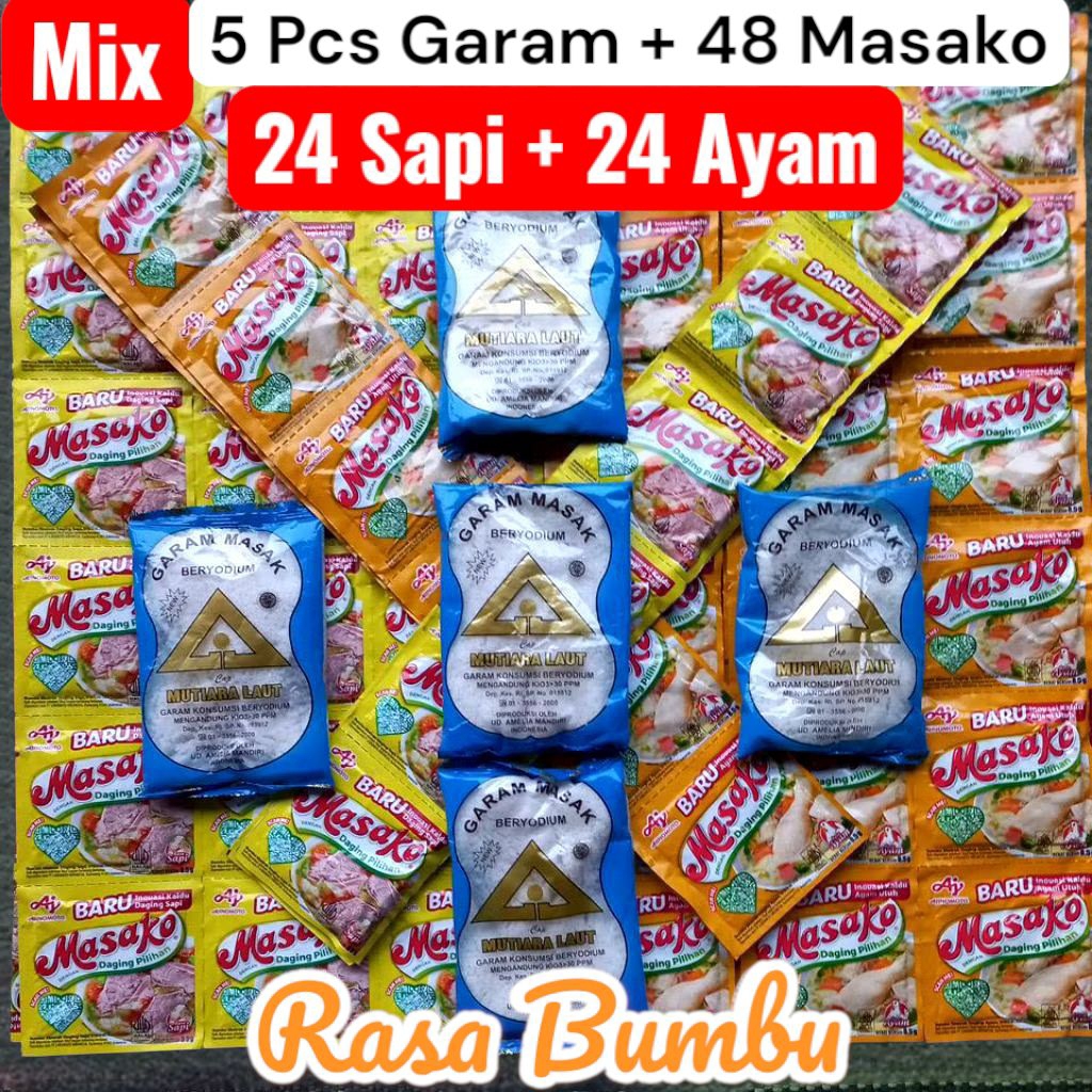 

Mix 5 pcs garam | Masako 24 +24 (48pcs) ayam sapi masak beryodium cap segiti mas teknologi modern + Masako 48 mix Pcs daging pilihan bumbu rasa baru sapi ayam