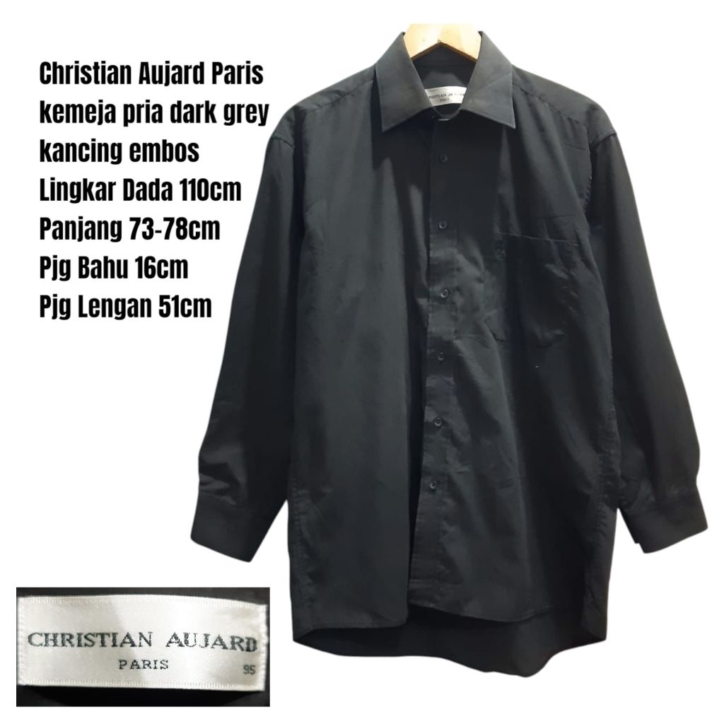 Christian Aujard kemeja pria dark grey kancing embos