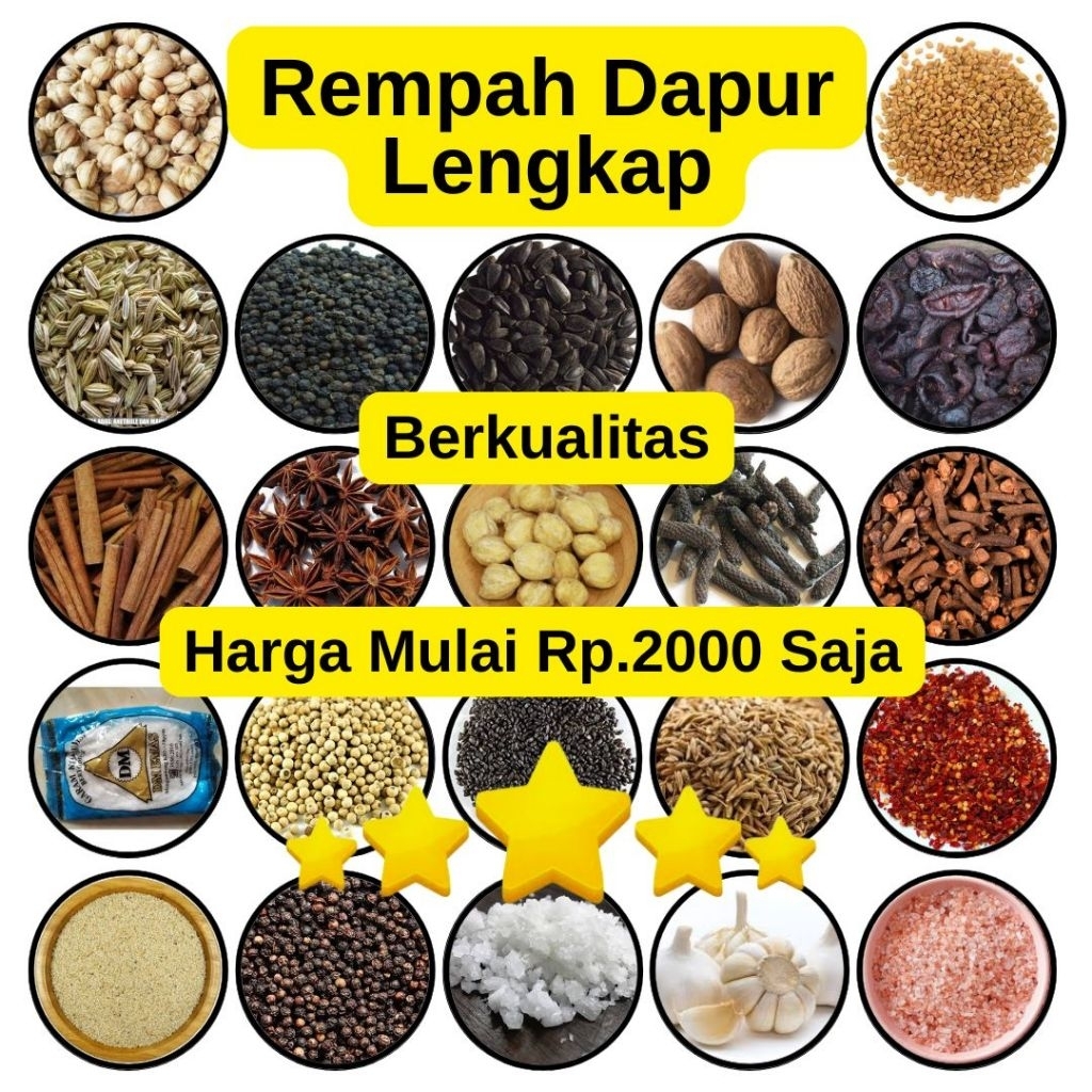 

Pandawa - Rempah Dapur Lengkap - Harga Mulai 2RB - Cabe, Bawang, Ketumbar, Pala, Kapulaga, Jinten, kayu Manis, Klebet, Kayu Masoyi. Pulosari, bunga Lawang, Pala Kemiri, Garam, Cengkeh, Asam Kandis dll