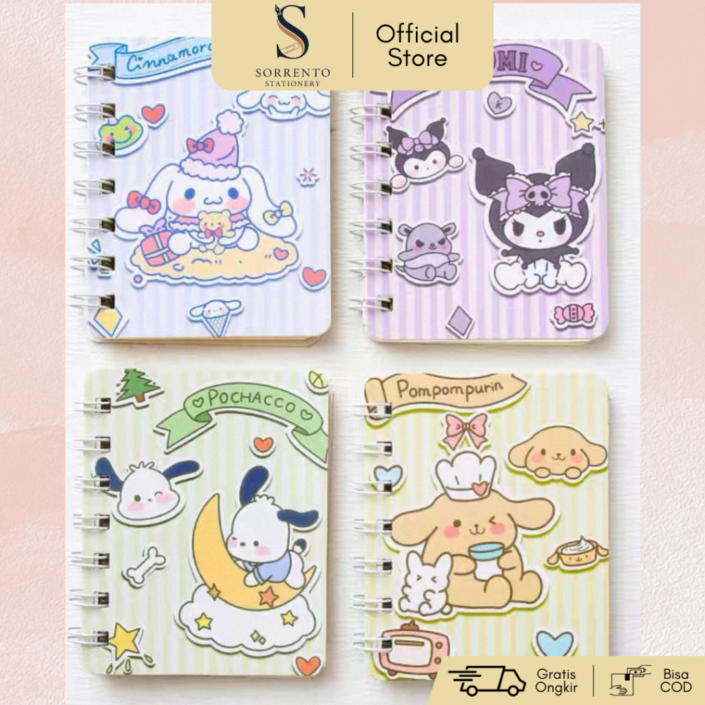 

Notebook Spiral A7 Sanrio - Buku Saku Karakter Sanrio Kuromi Pompompurin Pochacco Cinnamoroll