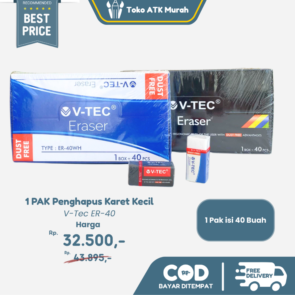 

Penghapus Eraser Pensil Kecil V-Tec ER-40WH (Putih) / ER-40BL (Hitam) 1 PAK Isi 40 Pcs