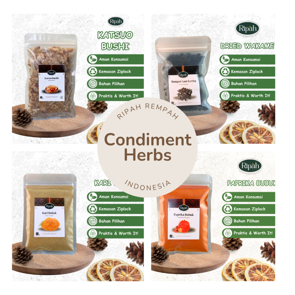 

Condiment Herbs / Rempah Masakan / Cabe Bubuk / Gochugaru / Cajun / Kari Bubuk / Katsuobushi / Garam Himalaya / Aonori / Dried Wakame / Ripah Rempah PREMIUM