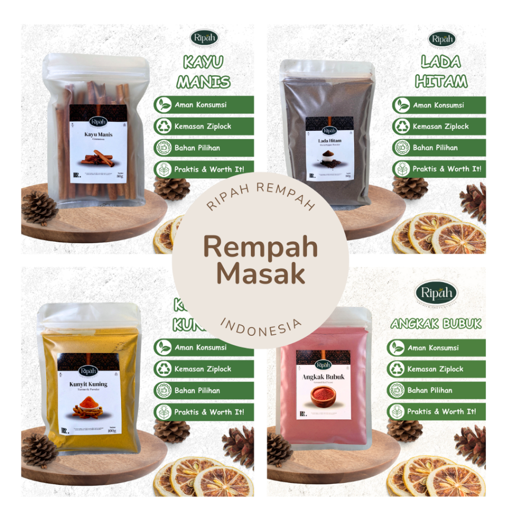 

Rempah Masakan / Lada Hitam / Lada Putih / Kunyit / Jahe Bubuk / Angkak Bubuk / Kayu Manis / Kapulaga / Ngohiong / Wijen Putih / Temulawak / Ripah Rempah PREMIUM