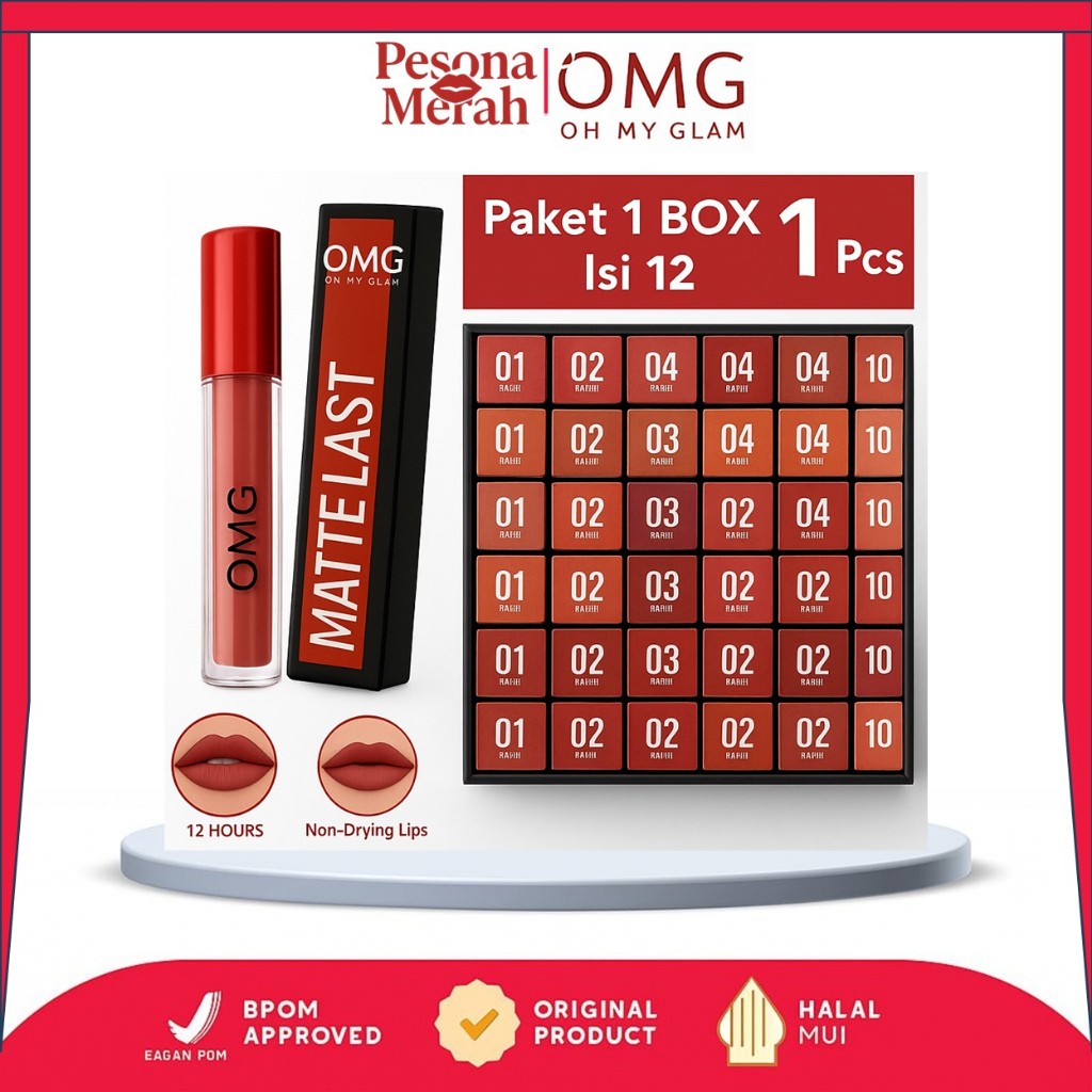 Paket 1 Box Isi 12 Pcs OMG Oh My Glam Mattelast Lip Cream / Lipstick | Tahan Lama /Lusin