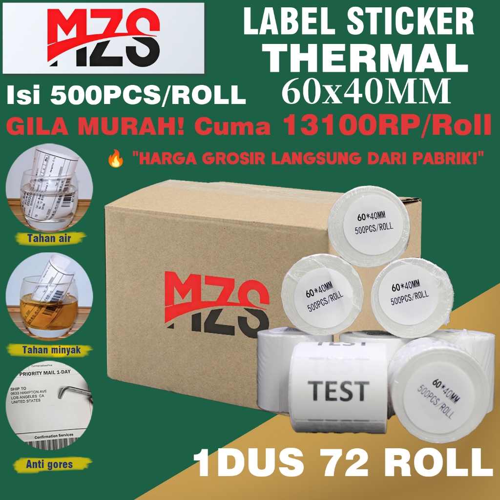 

Kertas Label Thermal 60x40 mm isi 500 Pcs (1dus isi 72 roll )