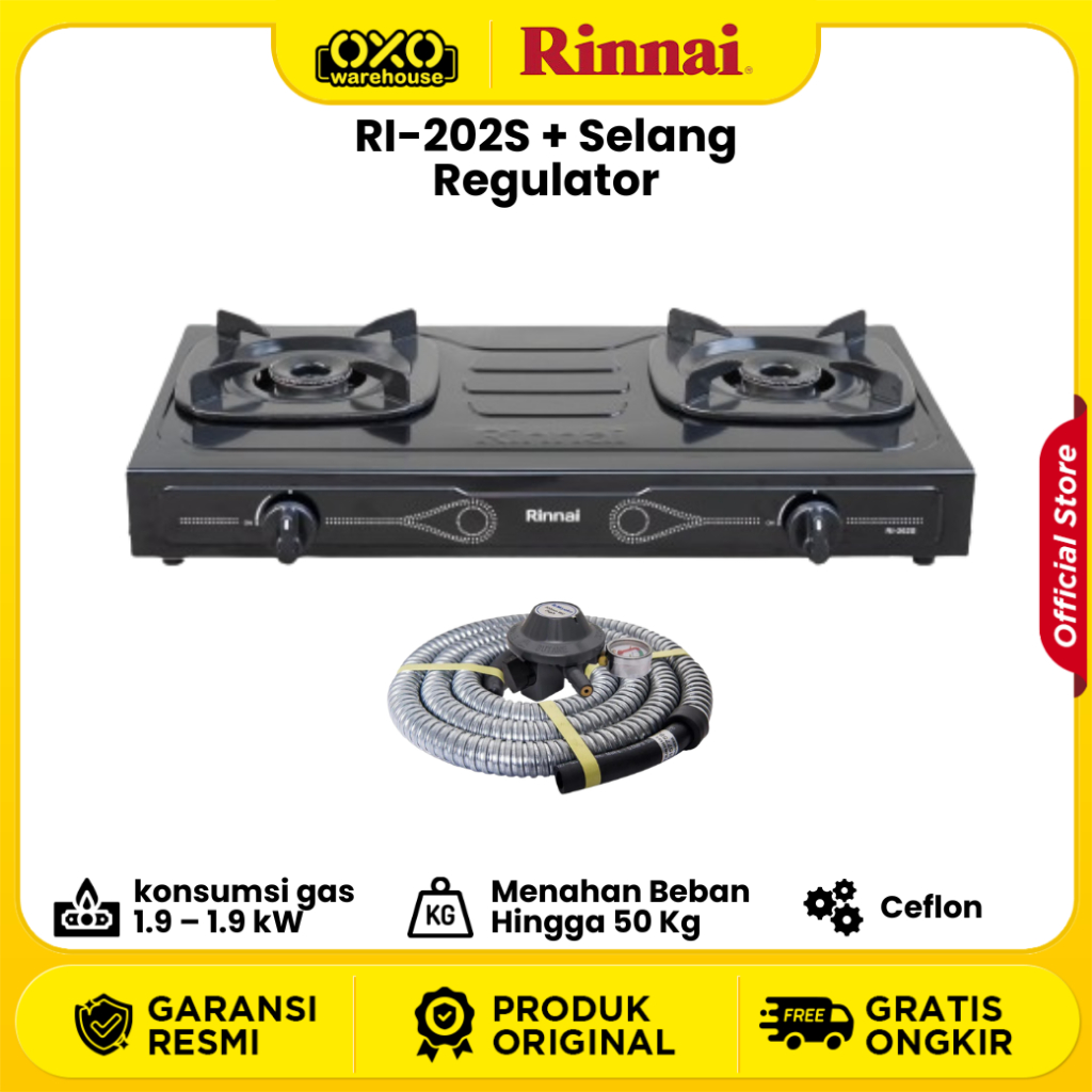 Rinnai Paket Kompor Selang Dan Regulator Ri 202s 2 Tungku Garansi Resmi