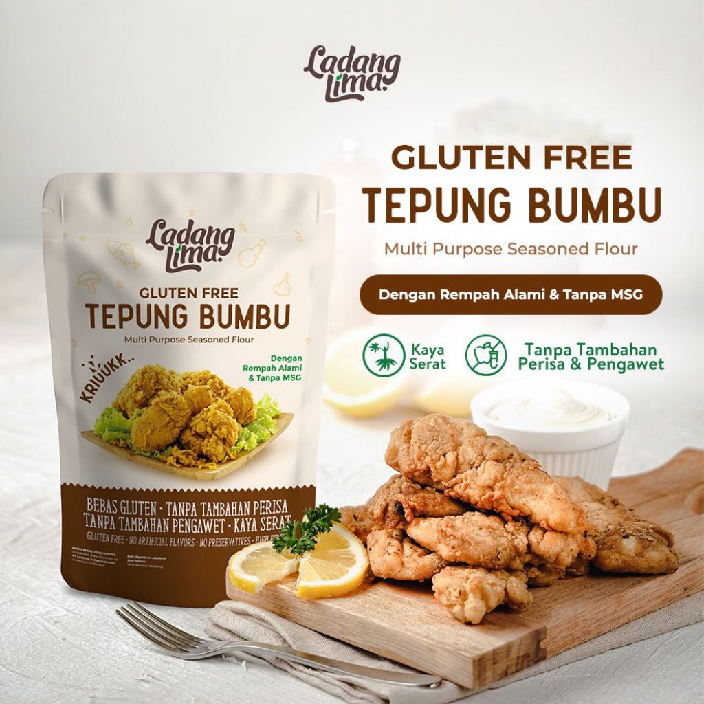 

Tepung Bumbu Ayam Goreng Gluten Free No MSG Ladang Lima Tepung Gorengan NO MSG Fried Chicken Crispy