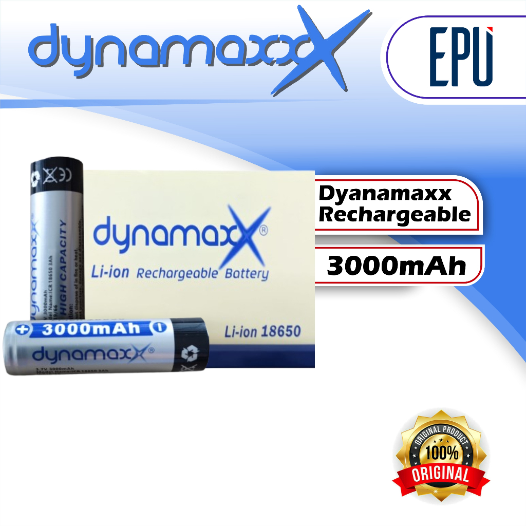 Baterai 18650 3000mAh Dynamax 18650 Baterai Cas 18650 3.7V Rechargeable Battery