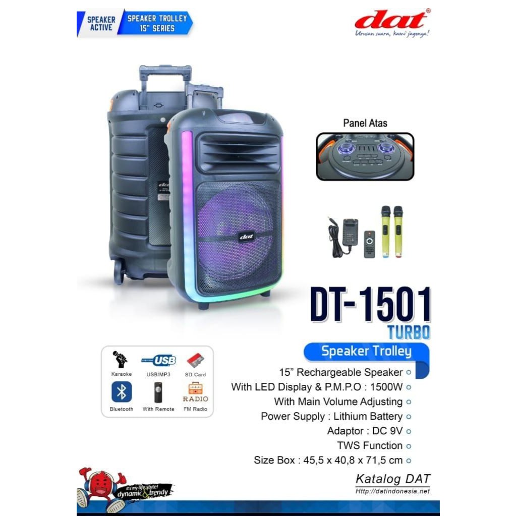 Speaker Portable DAT DT 1501 Turbo 15 Inch 2 Mic Wireless