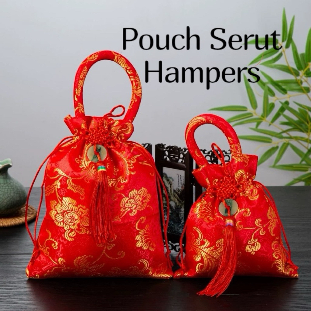 

Tas Kantong Serut Souvenir / Pouch Hampers untuk Imlek Sangjit Shuangxi Wedding warna Merah Premium Quality