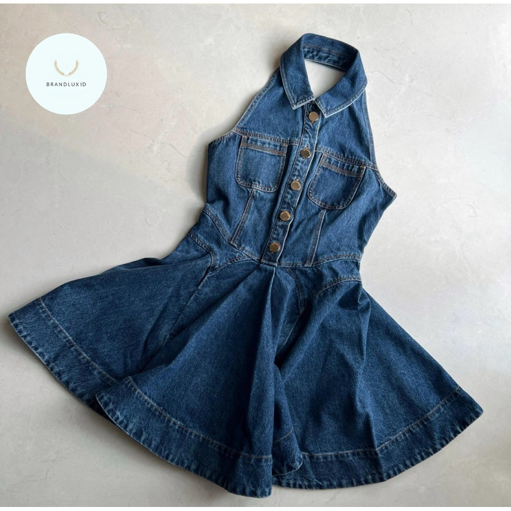Self portrait denim sleeveless halter flared dress