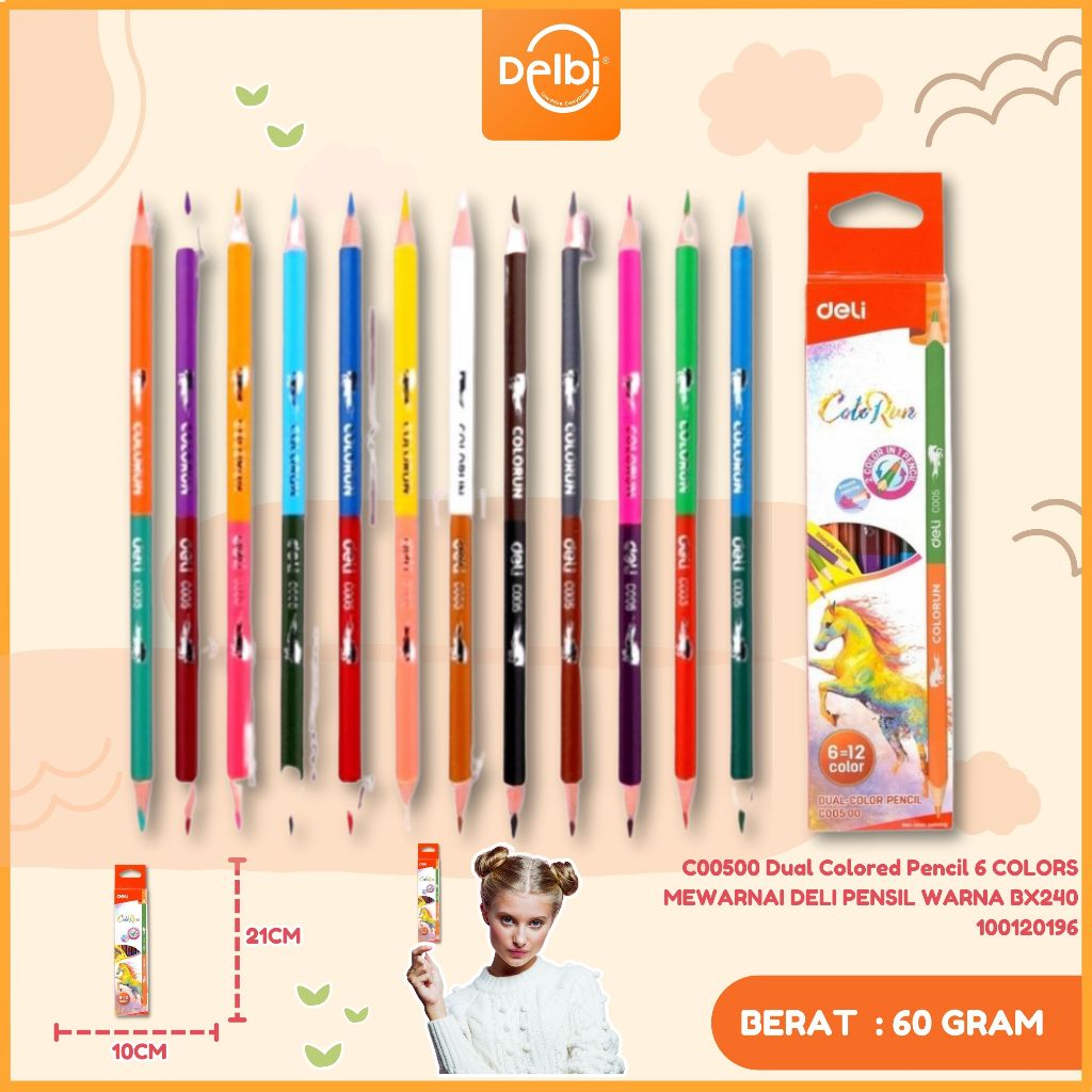 

Deli Pensil Dual Warna 6/12 Warna lead pensil berkualitas untuk hasil warna yang halus EC00500 C00500 Dual Colored Pencil 6 COLORS 6 colors