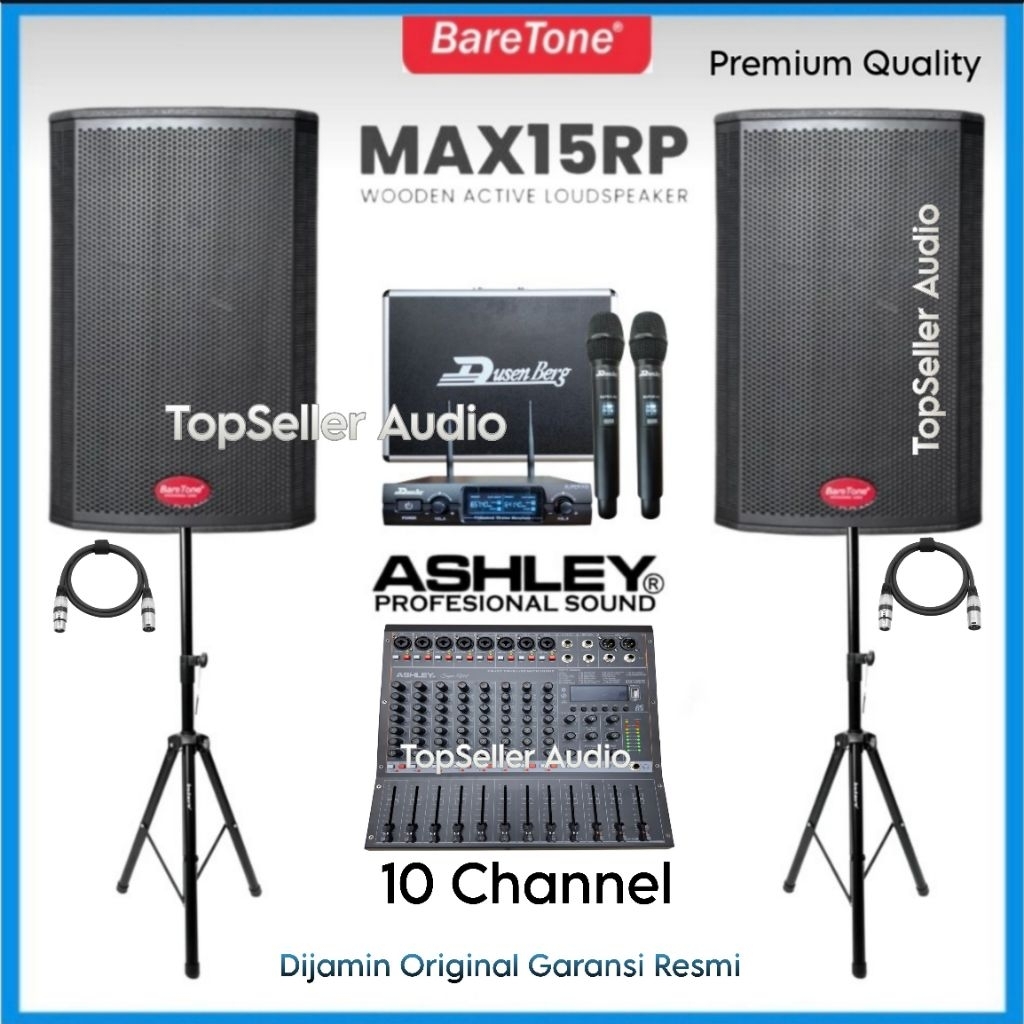 Paket Sound System Speaker Aktif BareTone MAX15RP [ Box Kayu ] Mixer Ashley 10 Channel Mic 2 Wireles