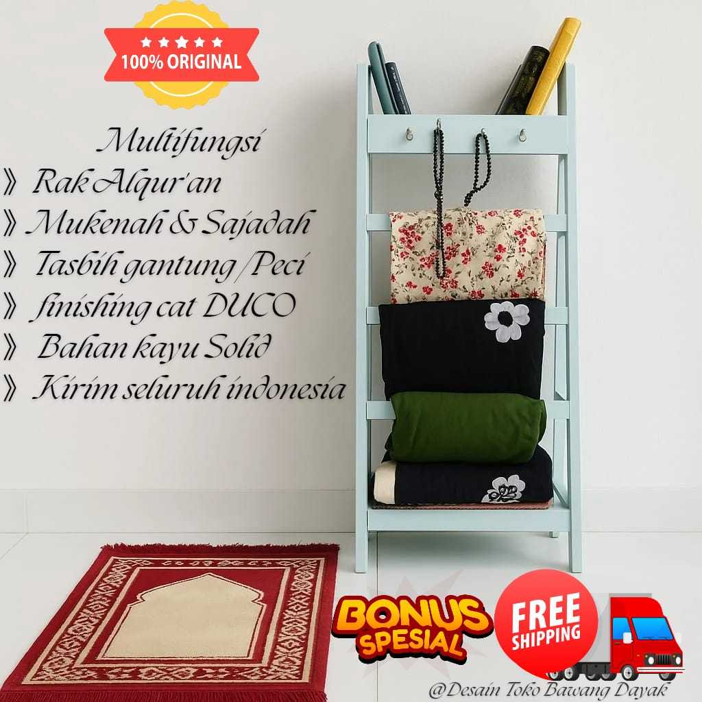 Rak Sajadah & Mukena Kayu Minimalis – Stand Alquran, Rak Jilbab, Hanger Multifungsi Estetik