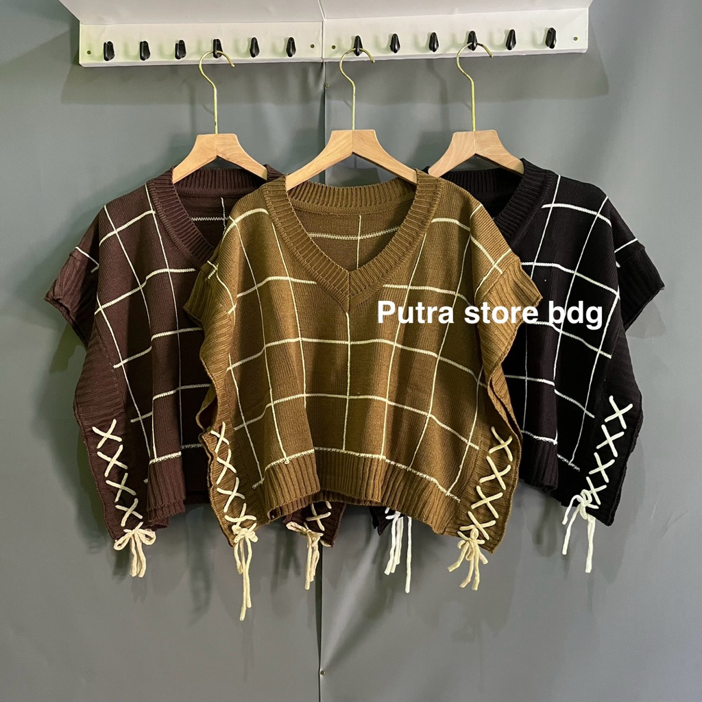 Julia vest knite motif kotak-kotak rompi rajut wanita tali serut korean style