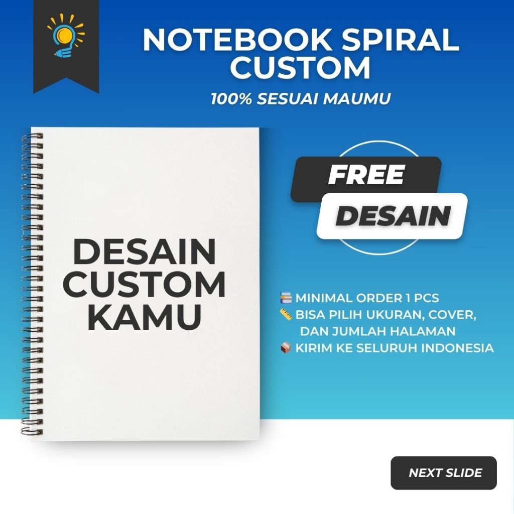 

Notebook Custom Spiral A4 A5 F4 – Desain Nama Logo Foto, Pilih Garis Kotak Titik Polos, Minimal 1 Pcs