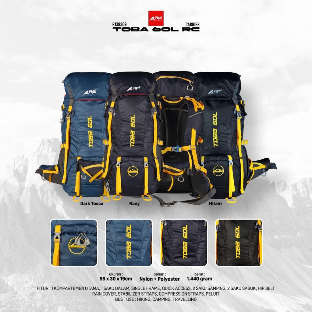 Tas Gunung Pria TOBA 60L AREI OUTDOORGEAR - Tas Carrier Pria AREI TOBA 60L - Tas Ransel Mendaki Gunu