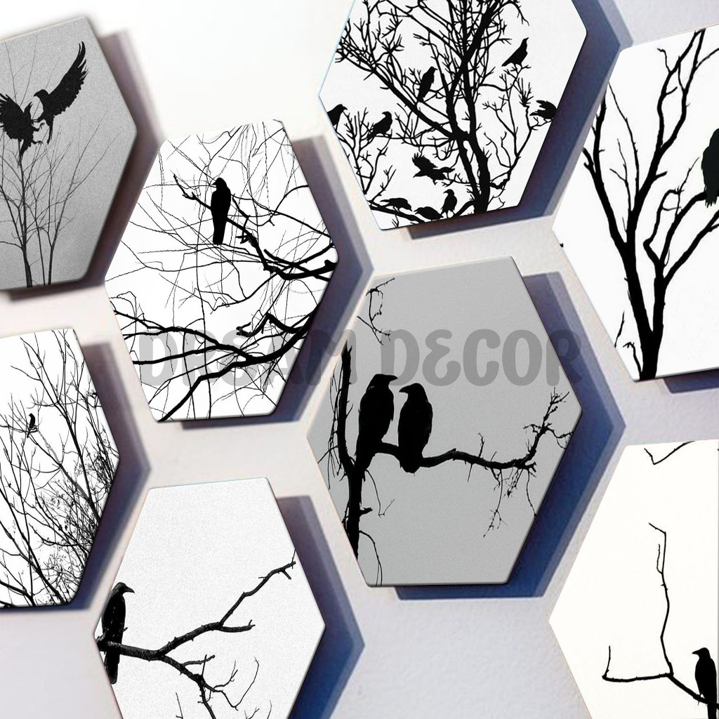 HIASAN DINDING HEXAGON SILUET BURUNG DI RANTING [H69] WALL ART MONOKROM MINIMALIS / POSTER KAYU / DE