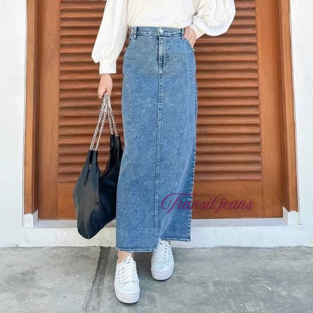 Rok Theana Jeans Belah - Rok Jeans Highwaist Panjang Rok - Jeans Span Belah Belakang