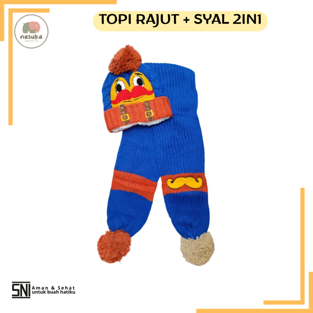Topi Rajut + Syal Rajut Anak 2in1 / Kupluk Rajut + Syal Rajut  Pom Pom Anak