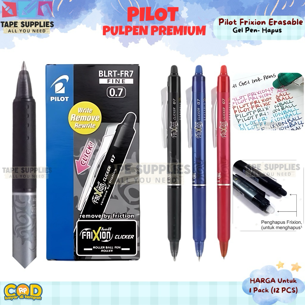 

(PILIHAN TERBAIK) Pulpen Gel VERSI PREMIUM PILOT FriXion Clicker Erasable BLRT-FR7/FR5 | Pulpen Bisa Dihapus Refillable