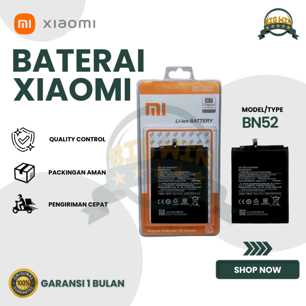 BATERAI BATTERY XIAOMI BN52 XIAOMI REDMI NOTE 9 PRO DOUBEL [IC POWER] ORIGINAL