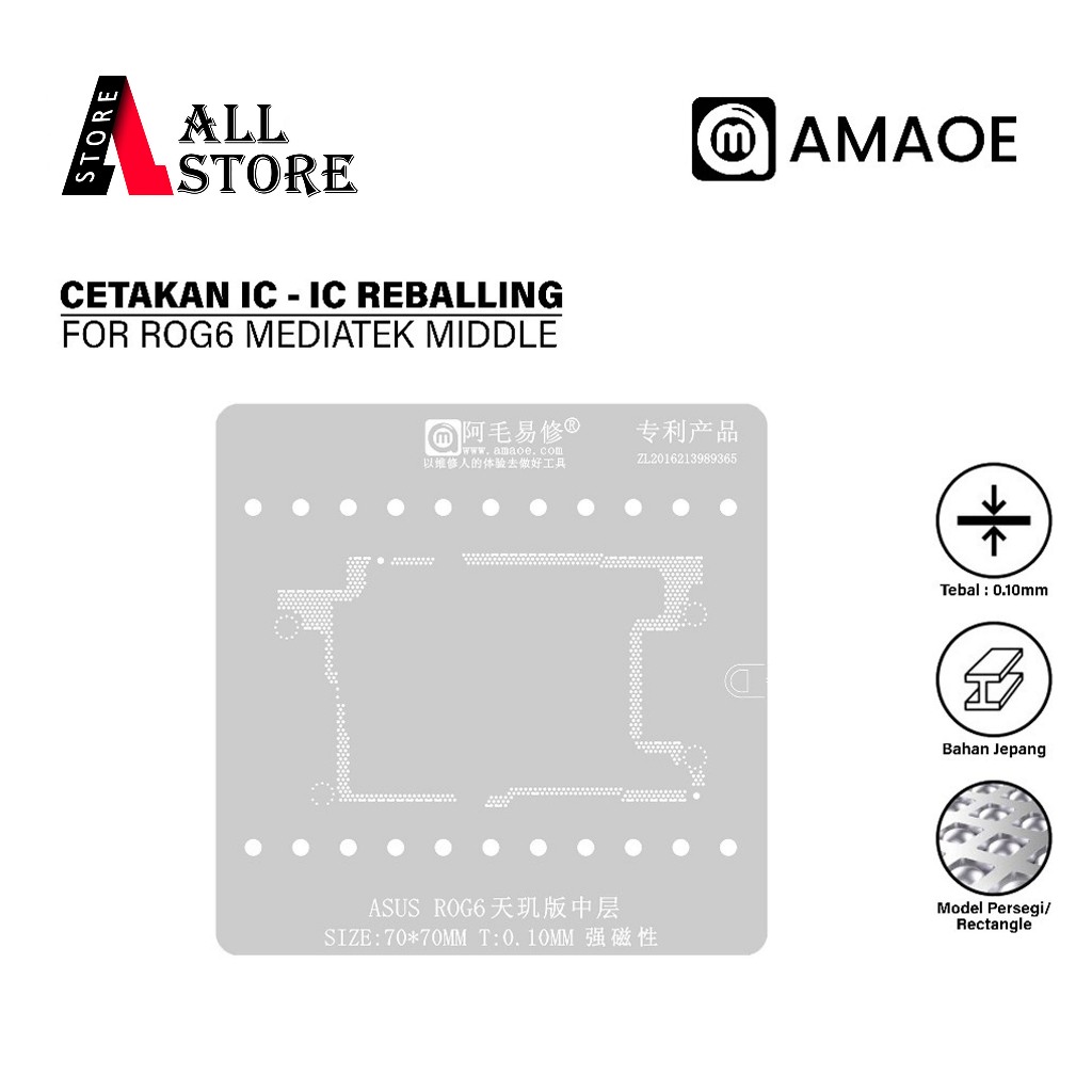 AMAOE Cetakan IC Reballing ASUS ROG6 MediaTek Middle Size 70x70mm Tebal 0.10mm Original – Plat Cetak