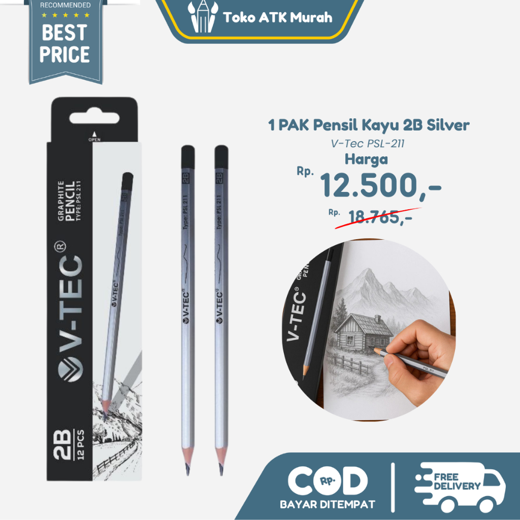 

1 PAK Pensil Kayu 2B V-Tec PSL-211 Silver Pensil Sekolah / Wooden Graphite Pencil
