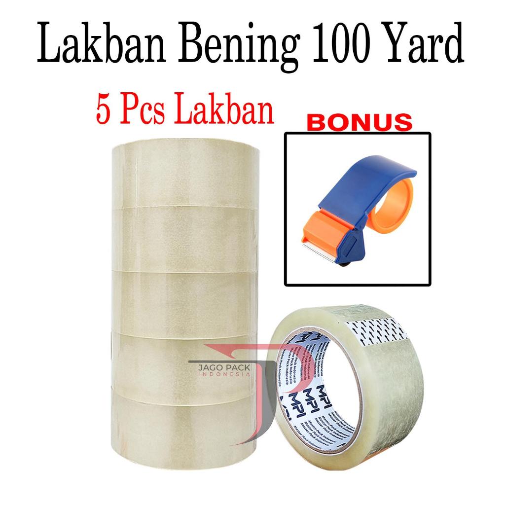 

(BONUS DISPENSER) 5 Pcs - Lakban Bening 45 mm x 100 yard Full Tebal - Lakban Bening Tebal Buat Packing