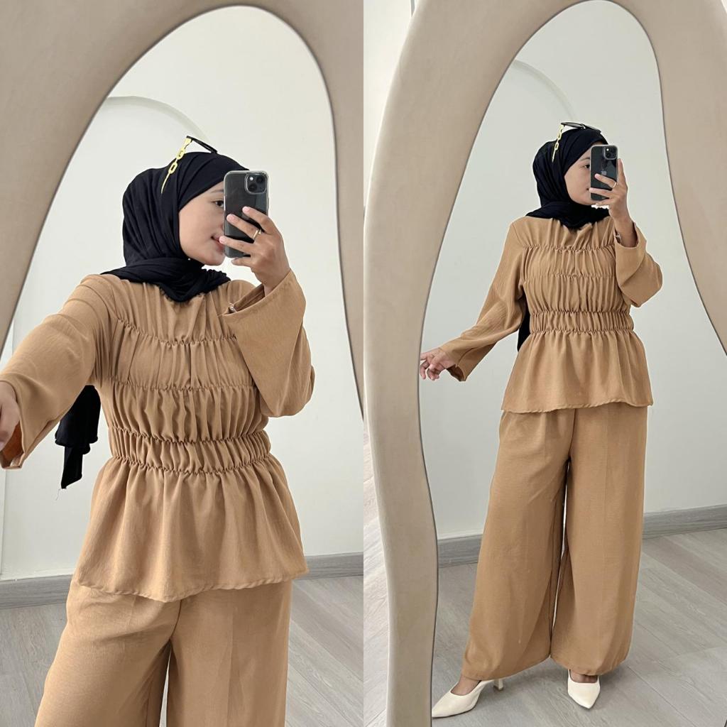 BASMA ONE SET SMOKE CRINKLE AIRFLOW LD 110 // ONE SET POLOS // SETELAN SMOKE WANITA // SET WANITA KE