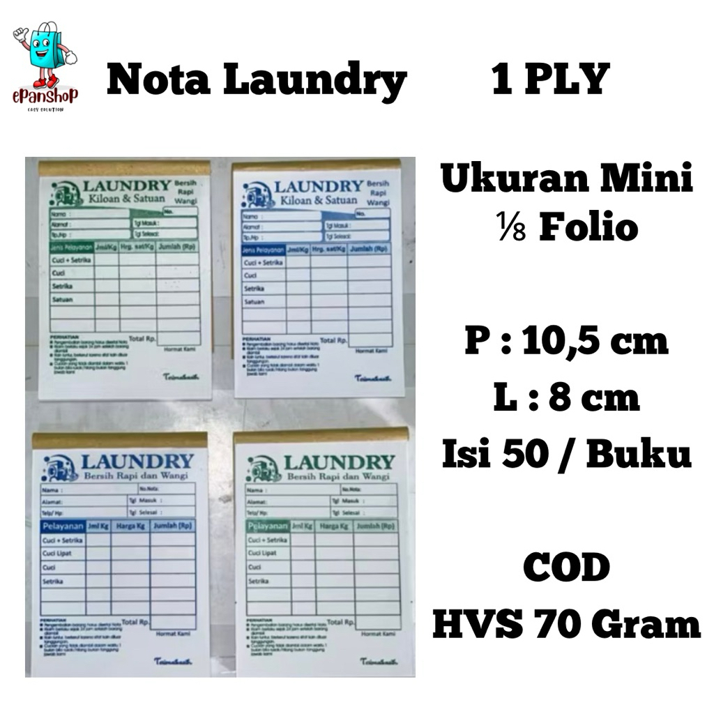 

Nota laundry 1 ply. 4 variasi ukuran mini ( 10,5 x 8 cm ) isi 50/buku kerts hvs 70 gram. READYSTOCK