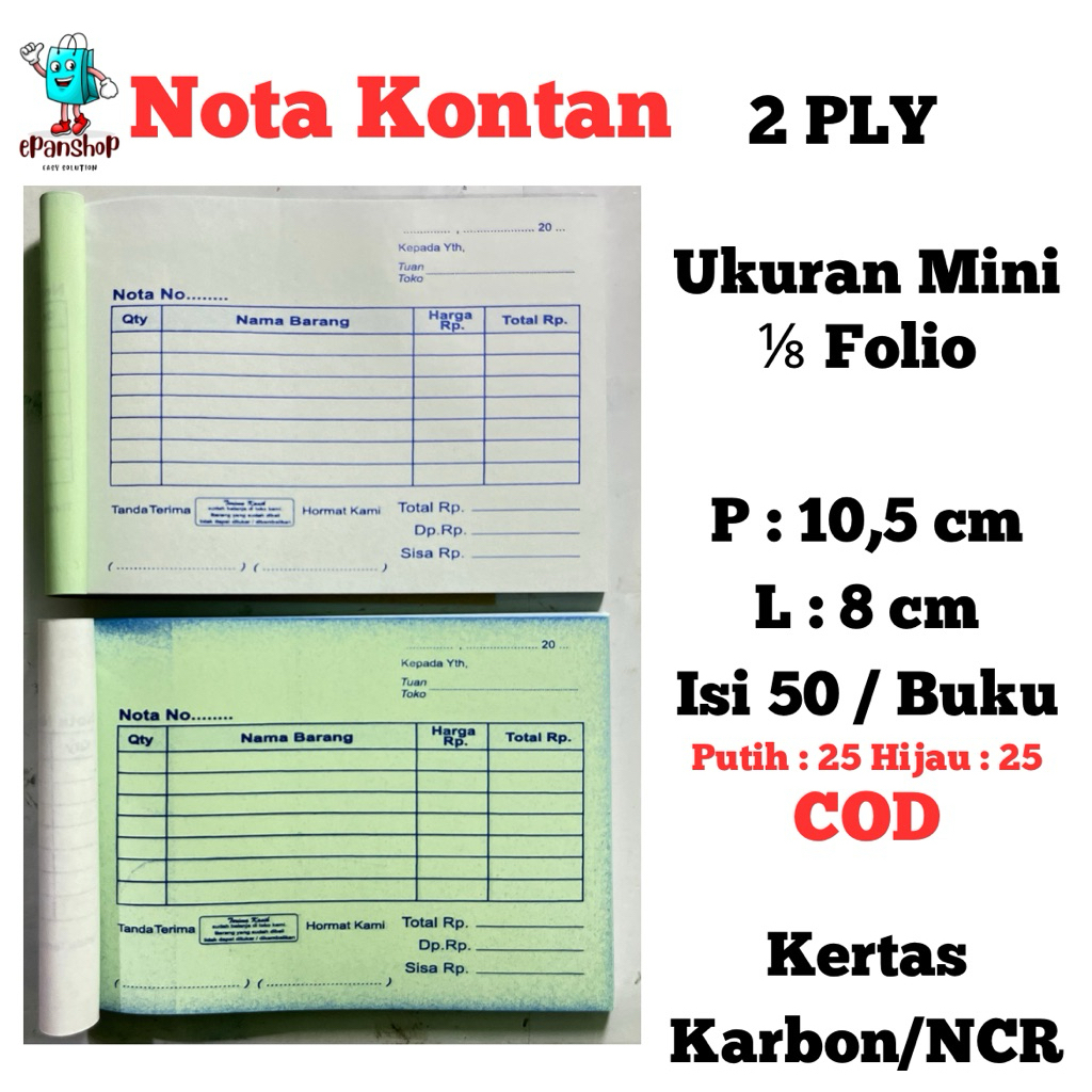 

Nota Kontan 2 Ply Ukuran 1/8 Folio ( L : 8 Cm, P : 10,5 Cm ) isi 25 Set. Ready Stock