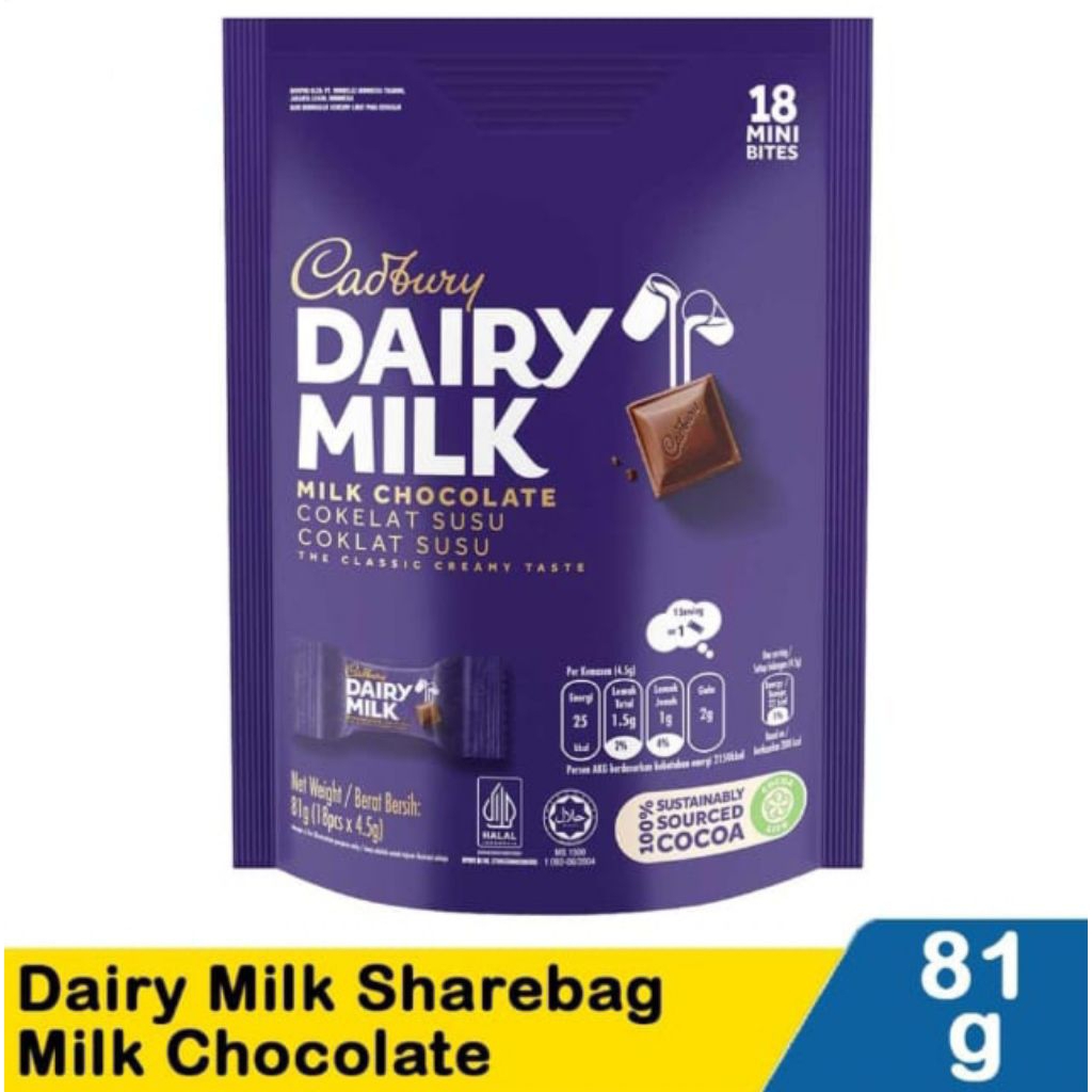 

Dairy Milk Sharebag Milk Chocolate 81gr/Cokelat Cadbury isi 18pcs