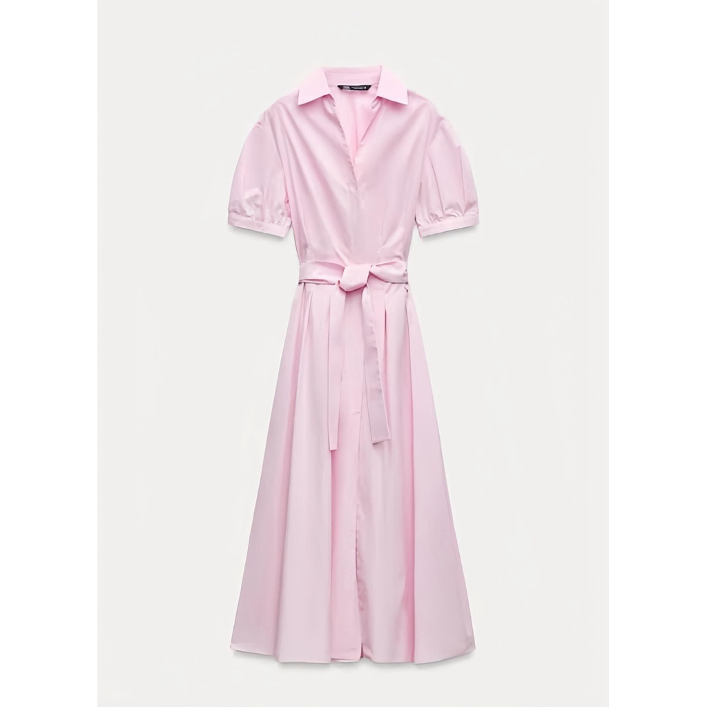 Zara Women Tie Poplin Puff Sleeve Belted Shirt Dress Pink