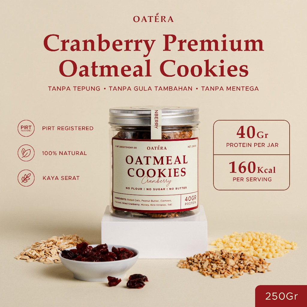 

Premium Oatmeal Peanut Cookies - Cranberry 250gr - Oatera Cookies Diet Tinggi Protein